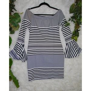 Sugar Lips | Women Dress Stripes Navy White Bell Sleeves Size Large NWT